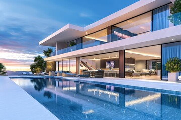 Fototapeta premium A large, modern house with a pool and a large glass door, generative ai image