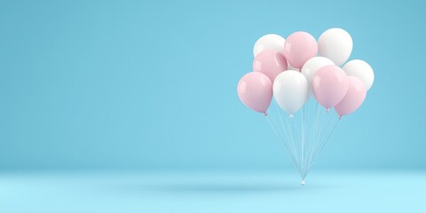 Fototapeta premium Delicate pastel balloons float gently against a serene blue backdrop, creating a whimsical atmosphere perfect for celebrations and joy-filled events