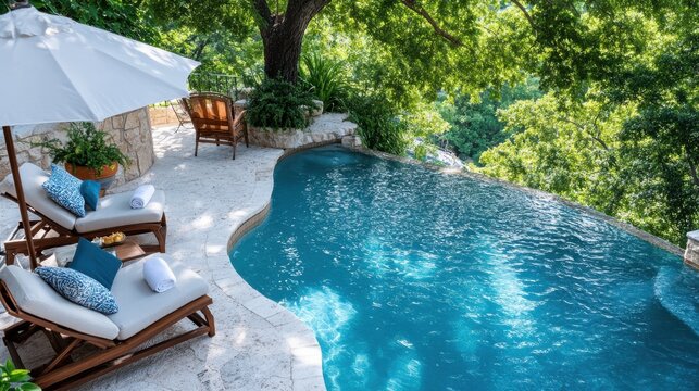 A serene infinity pool scene surrounded by lush greenery, providing a secluded and tranquil atmosphere for ultimate relaxation and luxury amid a natural setting.