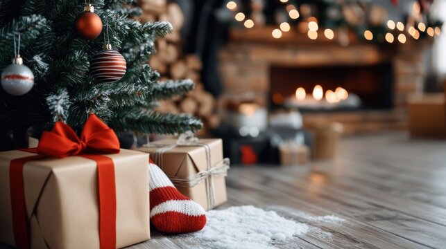 A warm and inviting indoor scene featuring a Christmas tree adorned with red and white ornaments, a cozy fireplace, snow-dusted floor, and an assortment of carefully wrapped gifts.
