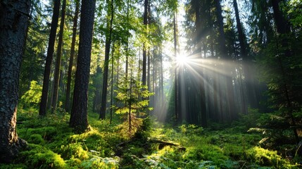 Fototapeta premium Sunlight streams through the verdant canopy of a dense forest, illuminating tall trees and a lush green undergrowth, creating an ethereal and peaceful natural scene.