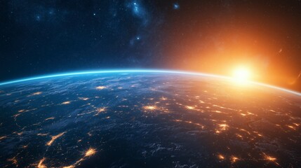 Fototapeta premium An overhead view of Earth at night with a bright sunrise on the horizon.