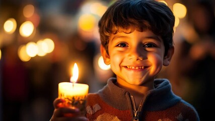 Young mexican boy holding candle for Las Posadas lantern procession illuminating a neighborhood street, evoking a sense of community and togetherness