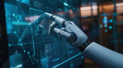 Robotic hand interacting with digital interface, futuristic technology concept.