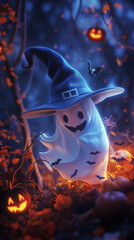 Friendly ghost wearing a witch's hat, children's Halloween