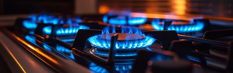 Close-Up of Gas Stove Burner with Vibrant Blue Flame