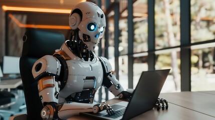 Fototapeta premium A humanoid robot sits at a desk in a modern office, using a laptop computer.