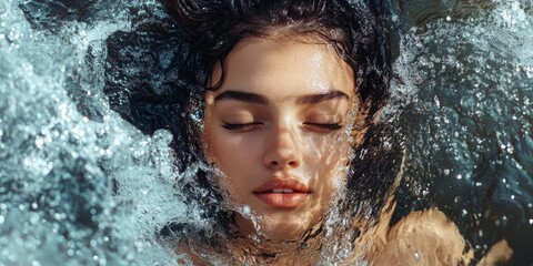 A woman's body surrounded by a cascade of flowing water, symbolizing the cleansing and rejuvenating power of nature.