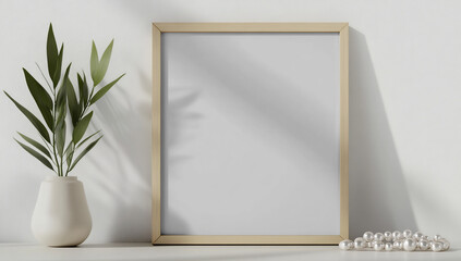 A mockup of an empty light wooden frame leaning against white wall on top of table