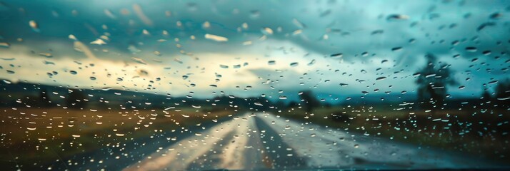 Softly blurred countryside landscape under a cloudy sky during a rainy winter day as seen through a...