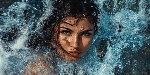 Fototapeta premium A woman's body surrounded by a cascade of flowing water, symbolizing the cleansing and rejuvenating power of nature.