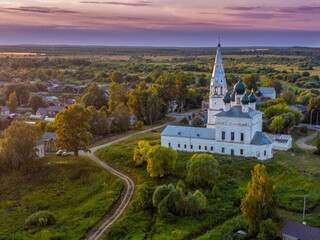 Rustic landscape, Church of the Kazan Icon of the Mother of God in Osenevo village, Yaroslavl region, Russia.