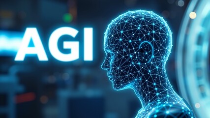 Human head with glowing blue data lines and dots. Word "AGI" stands out, representing Artificial General Intelligence. Futuristic tech concept of AI consciousness and network connectivity.  