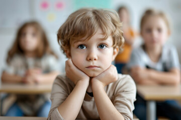 Obraz premium Education, learning, back to school transition, readjustment after holidays concept. Portrait of little shy boy sitting at desk in classroom at an elementary school