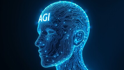 Obraz premium Human head with glowing blue circuitry, symbolizing AI integration. 