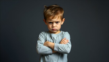 A angry little boy standing with his arms crossed, and looking at the camera with upset face expression