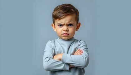 A angry little boy standing with his arms crossed, and looking at the camera with upset face expression