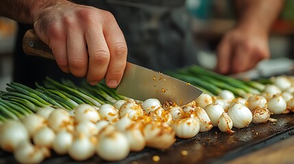  Close up of man holding sharp knife, peeling spring onion. Preparing vegetables for an outdoor barbecue. 