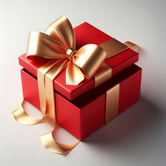 Luxurious red gift box with golden ribbon. Elegant red gift box with bow.