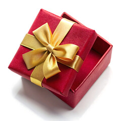 Luxurious red gift box with golden ribbon. Elegant red gift box with bow.