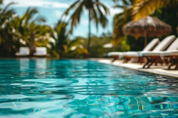 Fototapeta premium Imagine a tranquil pool with clear water surrounded by lush palm trees in a stunning tropical paradise