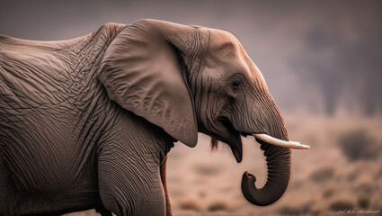 close-up of a large elephant, against a desert background