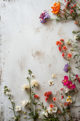Top view autumn flowers composition. Frame made of wildflowers on white textured background. Autumn, spring, summer concept and flat lay with copy space