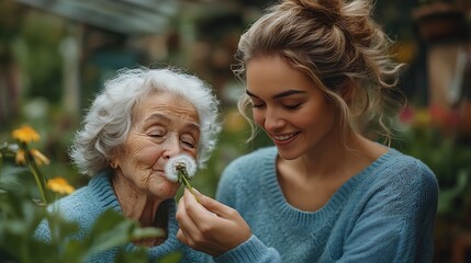 Fototapeta premium Female caregiver and senior woman in wheelchair holding dandelion, picking wild flowers. Nurse and elderly woman enjoying a warm day in nursing home, public park. 