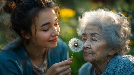 Fototapeta premium Female caregiver and senior woman in wheelchair holding dandelion, picking wild flowers. Nurse and elderly woman enjoying a warm day in nursing home, public park. 