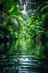 Obraz premium A still and serene river beautifully reflecting the vibrant greens found within a lush tropical rainforest