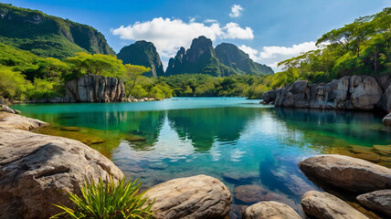 Beautiful landscape with a large lake and waterfalls surrounded by mountains