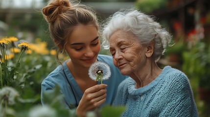 Fototapeta premium Female caregiver and senior woman in wheelchair holding dandelion, picking wild flowers. Nurse and elderly woman enjoying a warm day in nursing home, public park. 