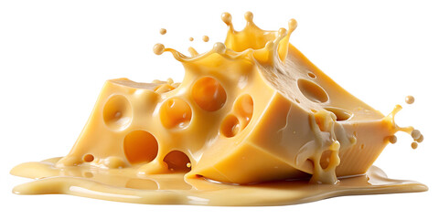 Cheese blocks with liquid cheese splashing, showcasing texture and flavor, isolated, transparent PNG file