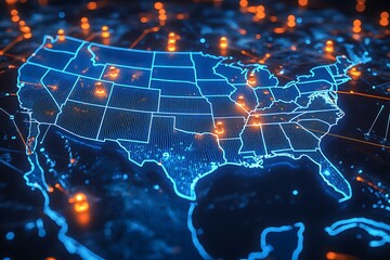 Fototapeta premium A high-tech, illuminated 3D map of the United States, showcasing various pinpoint locations across the country. The map is vibrant with blue lights highlighting the states' boundaries 