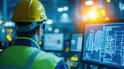 Industrial worker operating machinery with a computer interface, showcasing technology in a modern workspace.