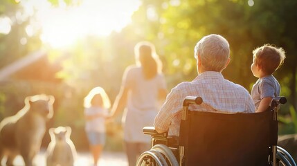 A serene moment of a grandparent in a wheelchair, enjoying time with family and pets in a sunlit park.