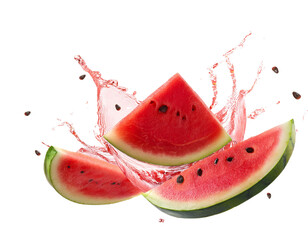 Watermelon Slices Mid-Air with Juice Splashing and Seeds Scattering Isolated on White Background