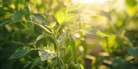 Healthy organic green chili peppers thriving on a plant inside a cultivation structure.