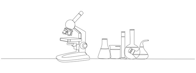 Drawing of one continuous line of microscope and laboratory flasks and test tubes. Single line style laboratory equipment. Concept of scientific and medical research . Vector editable illustration. © Sviatlana