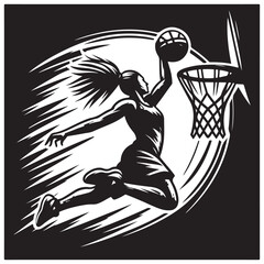 silhouette illustration of a basketball player performing a slam dunk