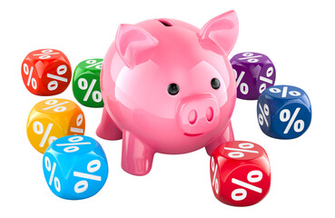 Piggy Bank with Colored Discount Cubes, 3D rendering isolated on transparent background