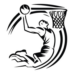 silhouette illustration of a basketball player performing a slam dunk