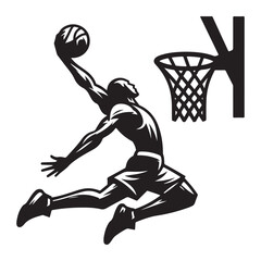 silhouette illustration of a basketball player performing a slam dunk © Sadia