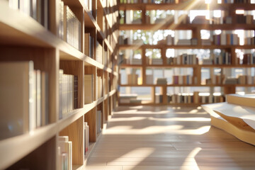 Obraz premium Modern library with many books on wooden shelves. Library interior with bright sunshine lighting from window