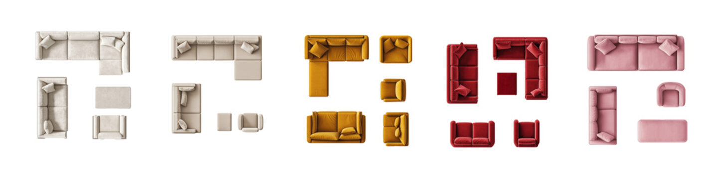 set of images of velvet sofas top view on transparent background