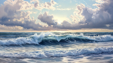 Fototapeta premium Calm ocean waves roll gently beneath a cloudy sky, offering a serene seascape.