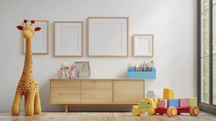 Bright and Cheerful Creative Space Poster: A Vibrant Room with Wooden Sideboard, Colorful Toys, and Woven Giraffe as Centerpiece – Perfect for Inspiring Imagination and Artwork!