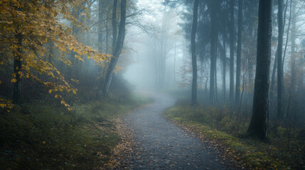 Obraz premium Footpath meandering through an autumn forest, shrouded in morning fog, creating a mystical atmosphere. 