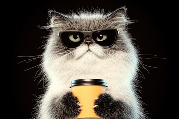 A fashionable cat holding a coffee cup with attitude against a dark background