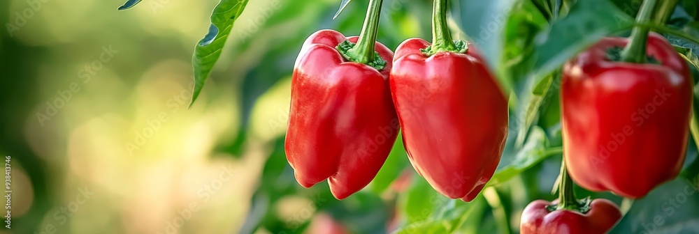 Wall mural A close-up shot of ripe red bell peppers hanging from a vine, showcasing their vibrant color and glossy texture. The peppers represent freshness, abundance, and the bounty of nature, symbolizing healt